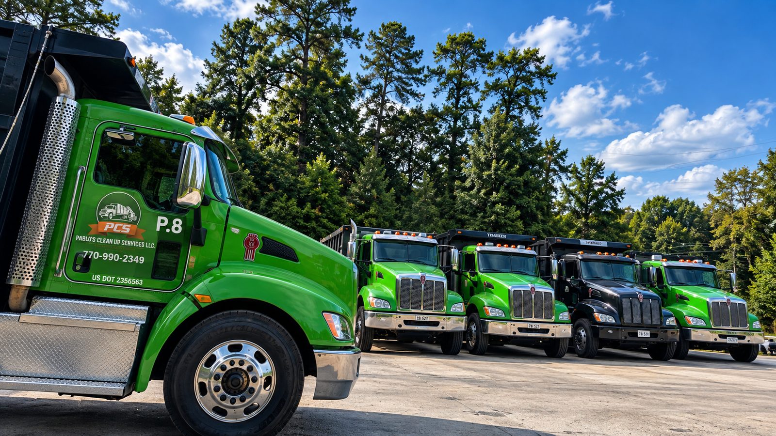 Pablo's Clean Up Services fleet of dump trucks parked and ready for construction debris removal jobs