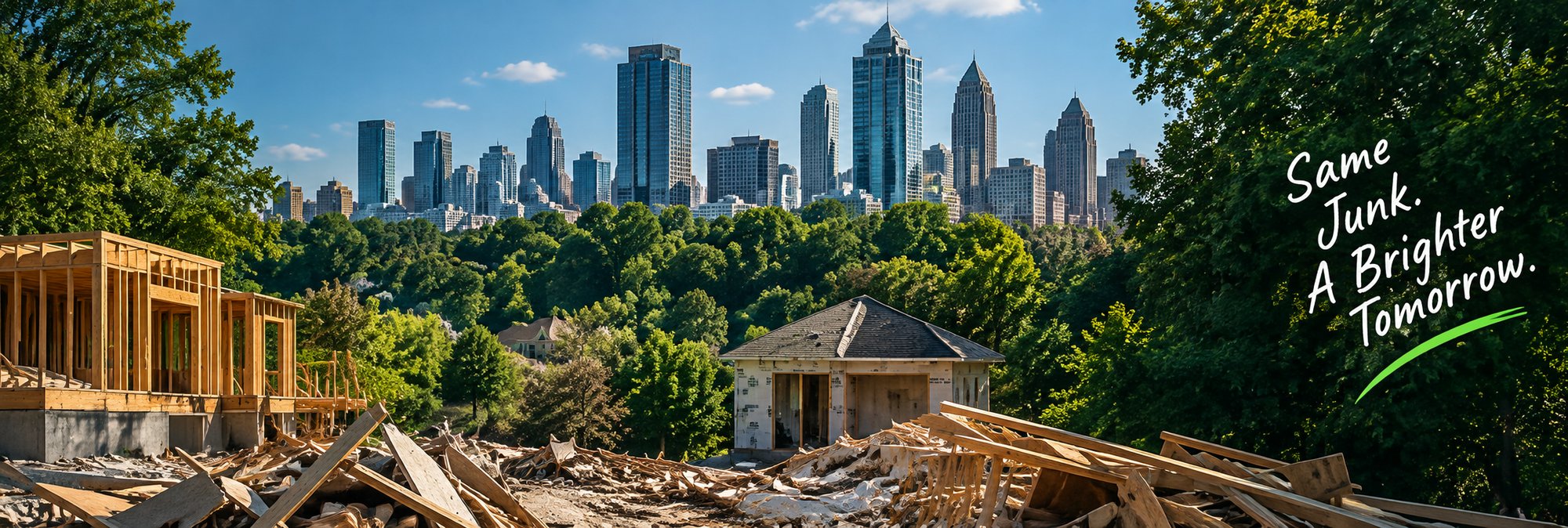New residential construction with the Atlanta, Georgia skyline in the background, with the message "Same Junk. A Brighter Tomorrow." on the right
